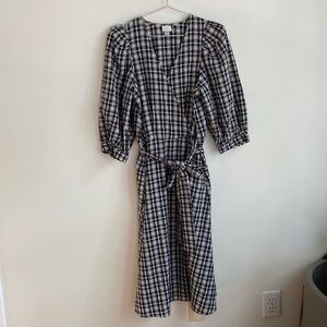 Cute plaid midi puff sleeve v neck wrap tie dress